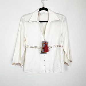 Lili Lalande Women's 42/ 10 White 100% Linen Blouse Abalone Shell Beads‎ Fringe